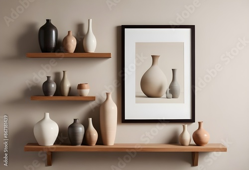 Wallpaper Mural A wall with minimalistic shelves and a collection of beautiful vases on them. Empty vertical frame for wall art mockup. Interior in modern Japanese style. Generative AI Torontodigital.ca