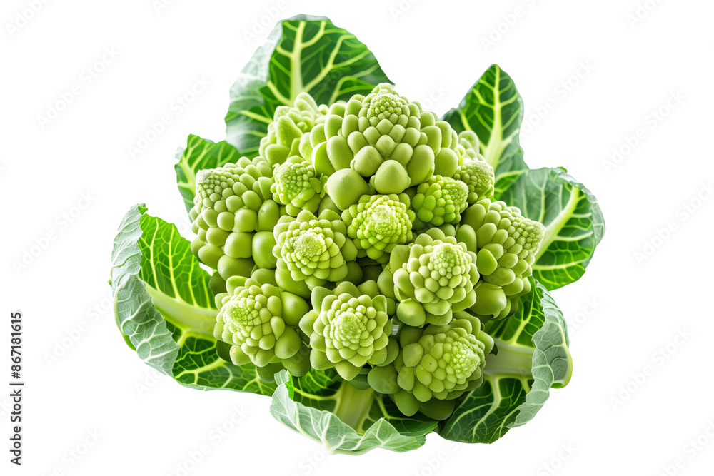 Romanesco broccoli floret with green leaves, isolated on a white background. Romanesco broccoli floret with green leaves, isolated on a white background.