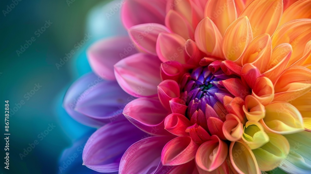 Obraz premium Detailed flower with vibrant rainbow petals, ombre background, representing LGBTQ pride, highly colorful and striking, elegant and symbolic