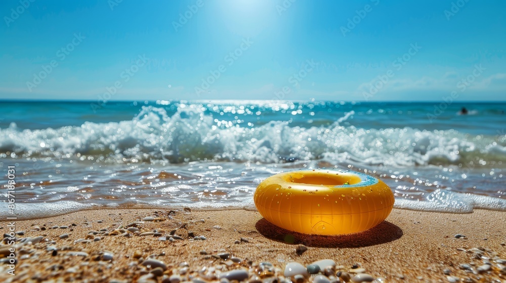 Bright rubber ring on a sandy beach, clear blue sky, sunlit waves, detailed textures, vibrant and inviting summer day Bright rubber ring on a sandy beach, clear blue sky, sunlit waves, detailed textures, vibrant and inviting summer day