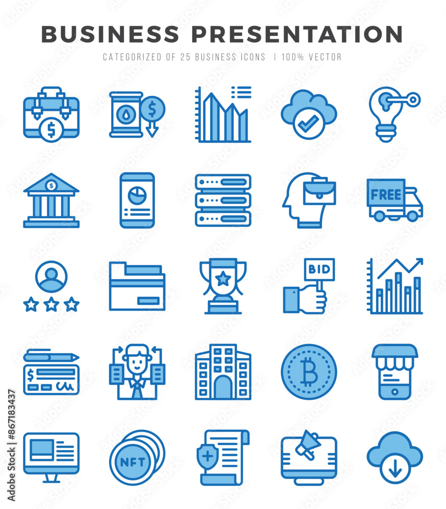 Set of Business Presentation Icons. Simple Two Color art style icons pack.