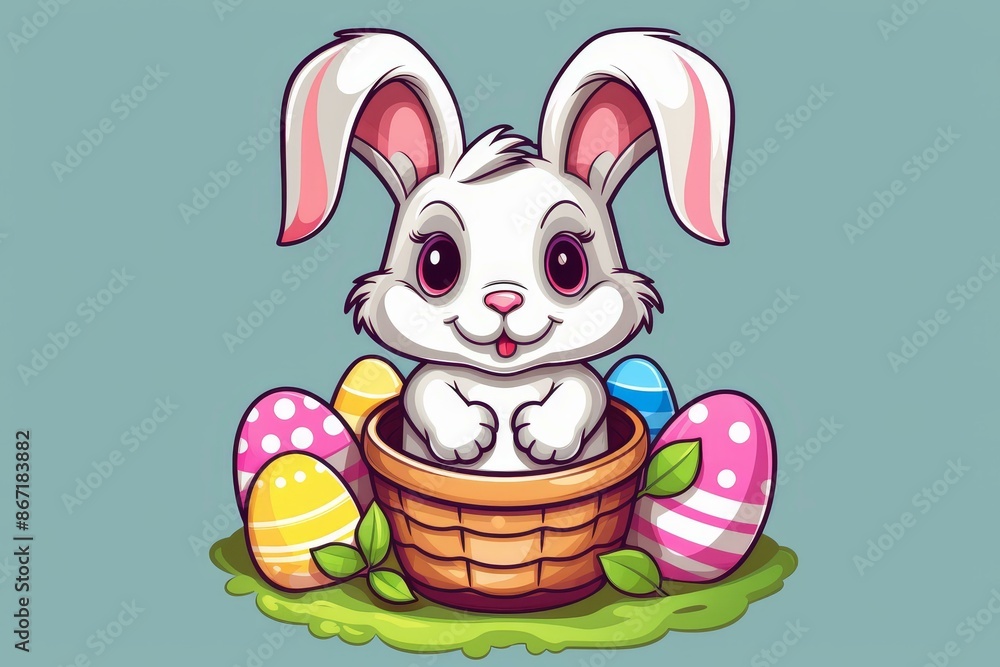 Adorable bunny with Easter eggs, perfect for childrens books and nursery decor. Adorable bunny with Easter eggs, perfect for childrens books and nursery decor.