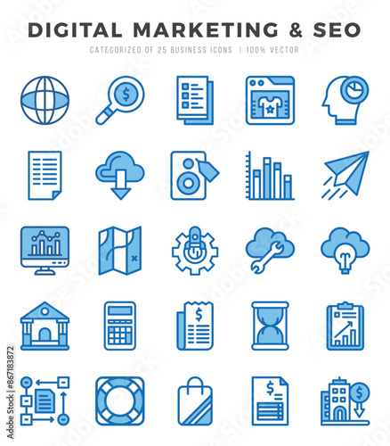 Digital Marketing & SEO Two Color icons collection. 25 icon set. Vector illustration.