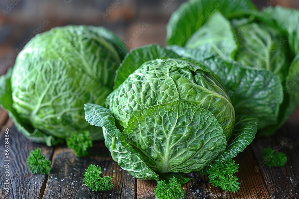 Fototapeta premium Heads of fresh green cabbage. Theme of proper and healthy nutrition and farm harvest