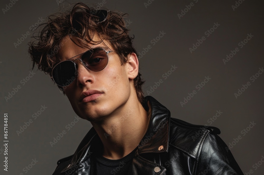 Obraz premium Stylish man in black leather jacket and sunglasses