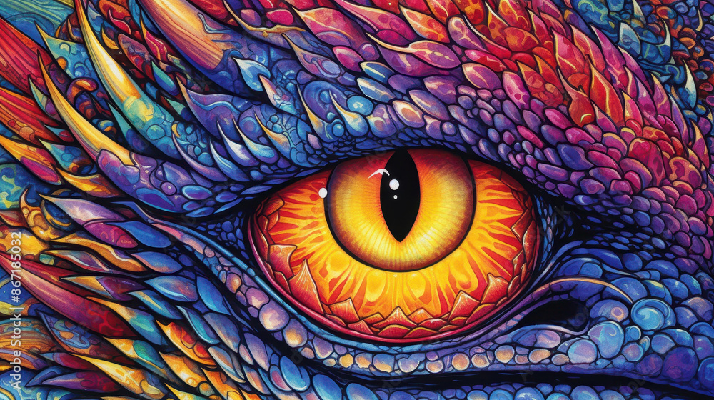 Obraz premium Vibrant modern art of abstract reptile eye with intricate textures, detailed colors in icy style.