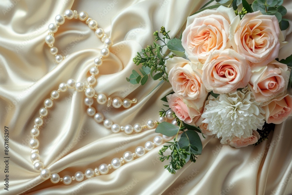 Bouquet of flowers and pearl necklace Bouquet of flowers and pearl necklace