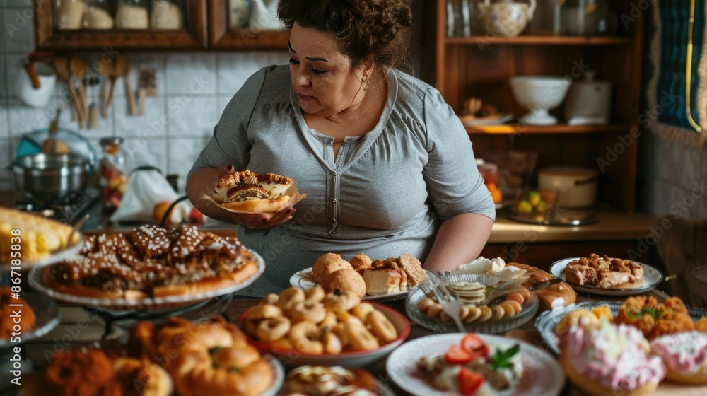 Curvy Woman Resolute in Refusing Calorie Dense Cuisine in Rustic Kitchen Interior Curvy Woman Resolute in Refusing Calorie Dense Cuisine in Rustic Kitchen Interior