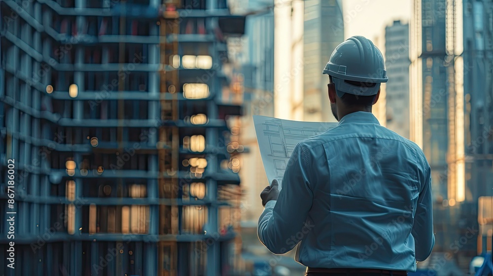 Skilled Civil Engineer Overseeing High Rise Construction with Structural Plans and Industrial Equipment Skilled Civil Engineer Overseeing High Rise Construction with Structural Plans and Industrial Equipment