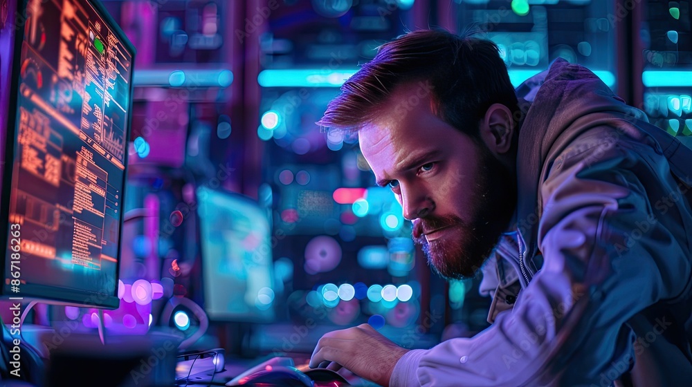 Obraz premium Computer Engineer Conducting Diagnostics on Malfunctioning in Neon Lit Laboratory