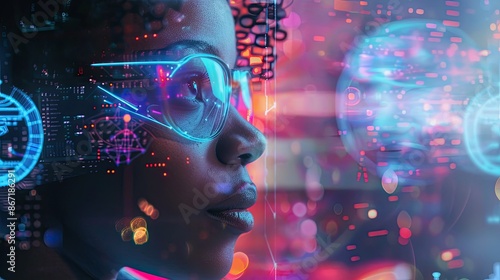 Visionary Computer Engineer Designs Futuristic Holographic Schematics with Vibrant Afrofuturistic Aesthetics