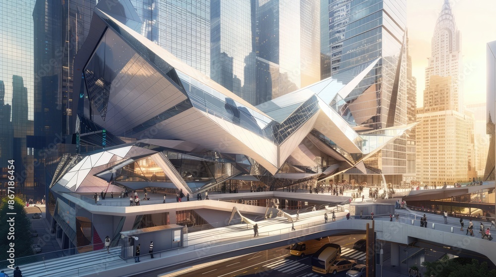 Fototapeta premium Cutting Edge Architectural Transportation Hub with Striking Angular Design and Sustainable Eco Conscious Elements