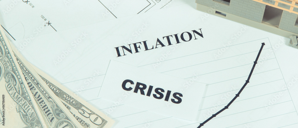 Inscriptions crisis and inflation, currencies Dollar, toy house under construction and construction drawings. High prices of real estate, building or rent home Inscriptions crisis and inflation, currencies Dollar, toy house under construction and construction drawings. High prices of real estate, building or rent home