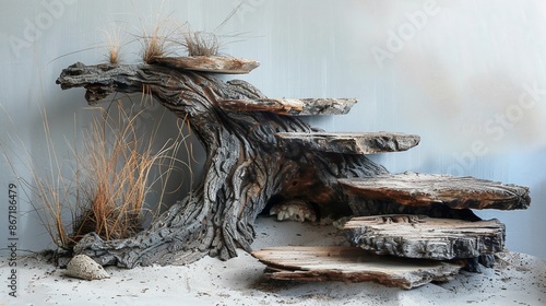 Rustic Wooden Staircase with Natural Elements and Driftwood Design in Minimalist Setting