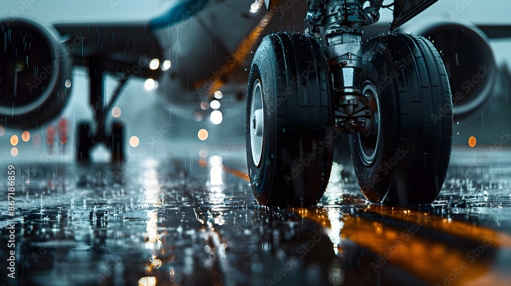 Fototapeta premium Powerful Jet Aircraft Taking Off from Runway at Night During Storm