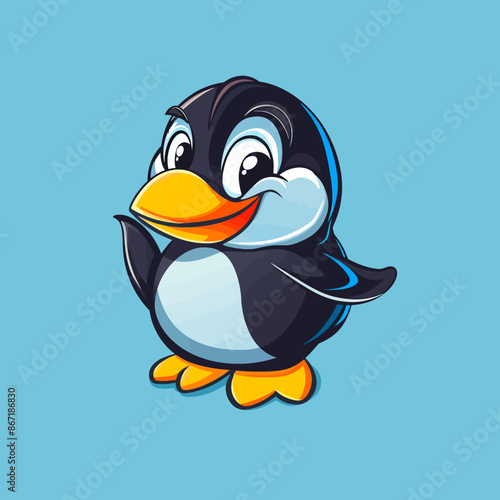 cartoon character logo, Penguin, winking, smiling, 2d, vector illustration, mascot logo