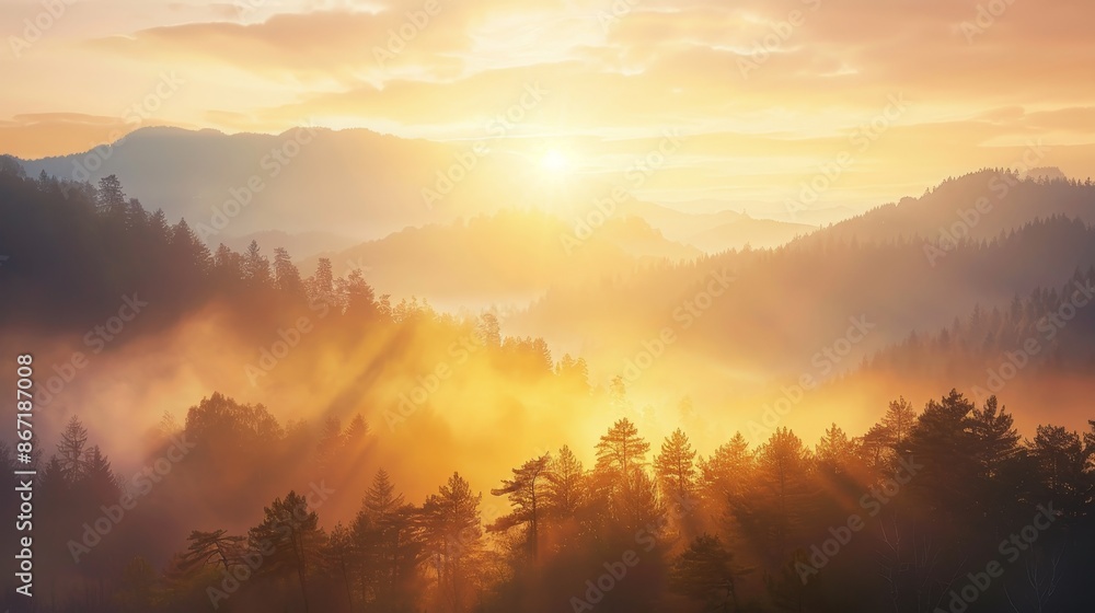 Fototapeta premium Golden sunrise over misty mountains, forest covered in morning fog, warm light spreading, serene and invigorating landscape