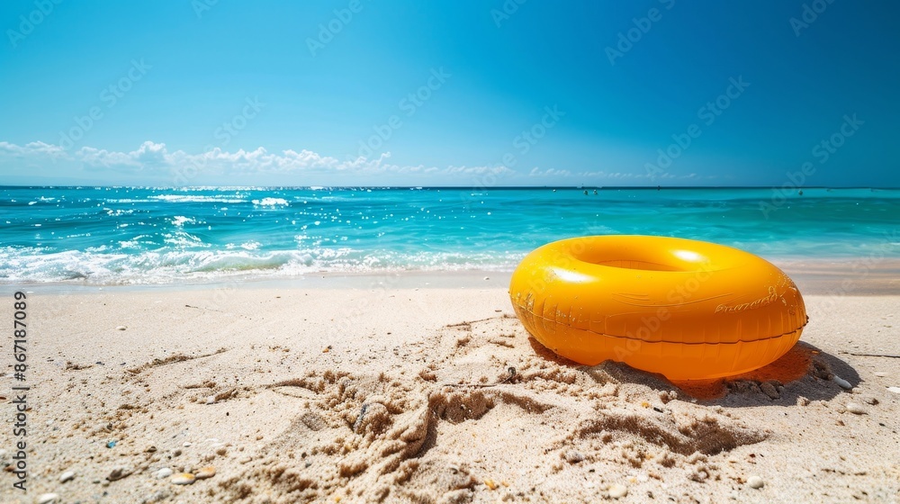 Inflatable ring resting on a sandy beach, bright summer day, clear blue sky, detailed textures, sun-soaked and cheerful atmosphere Inflatable ring resting on a sandy beach, bright summer day, clear blue sky, detailed textures, sun-soaked and cheerful atmosphere