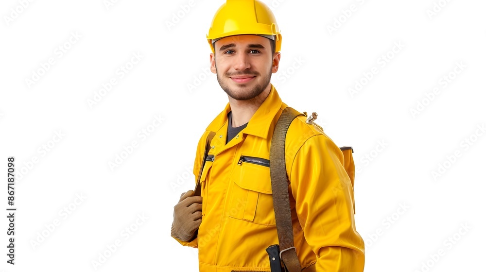 Smiling Construction Worker in Safety Gear Standing on Industrial Site Smiling Construction Worker in Safety Gear Standing on Industrial Site