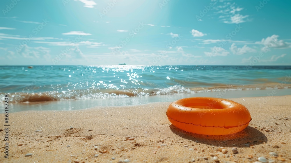 Inflatable rubber ring on a pristine beach, golden sand, clear sky, bright sunlight, detailed and inviting summer scene Inflatable rubber ring on a pristine beach, golden sand, clear sky, bright sunlight, detailed and inviting summer scene