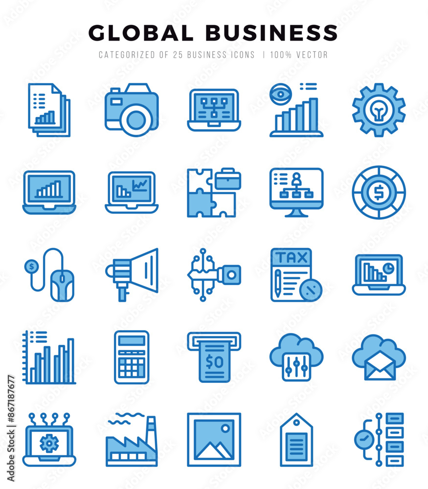 Set of Global Business Icons Two Color icons collection. Set of Global Business Icons Two Color icons collection.