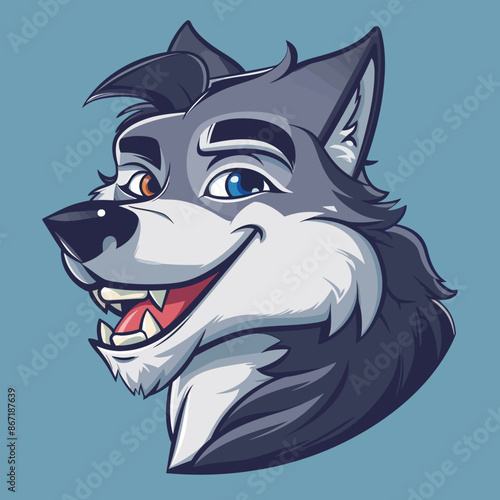cartoon character logo, Wolf, winking, smiling, 2d, vector illustration, mascot logo