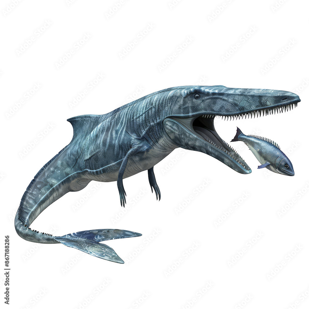 Fototapeta premium 3d Ichthyosaurus catching fish isolated on the white background.