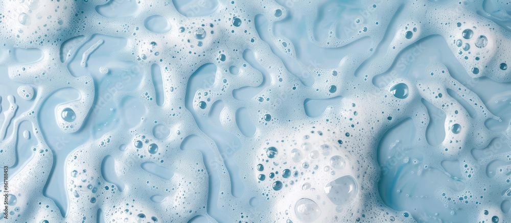 White foamy texture on a blue backdrop. Cleansing foam for face, bath bubbles, or laundry detergent. Macro shot with empty space. White foamy texture on a blue backdrop. Cleansing foam for face, bath bubbles, or laundry detergent. Macro shot with empty space.