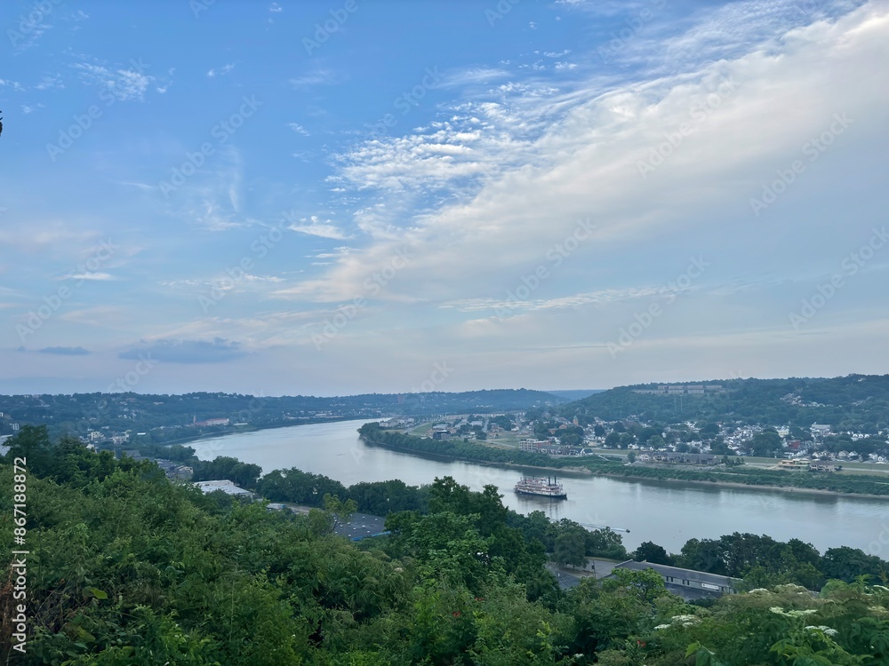 Scenic view of ferry rounding bend in Ohio River seen from Cincinnati Scenic view of ferry rounding bend in Ohio River seen from Cincinnati
