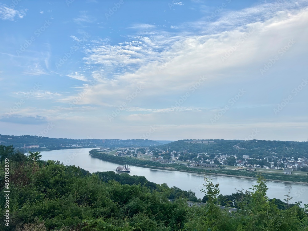 Scenic view of ferry on Ohio River from Eden Park in Cincinnati Scenic view of ferry on Ohio River from Eden Park in Cincinnati