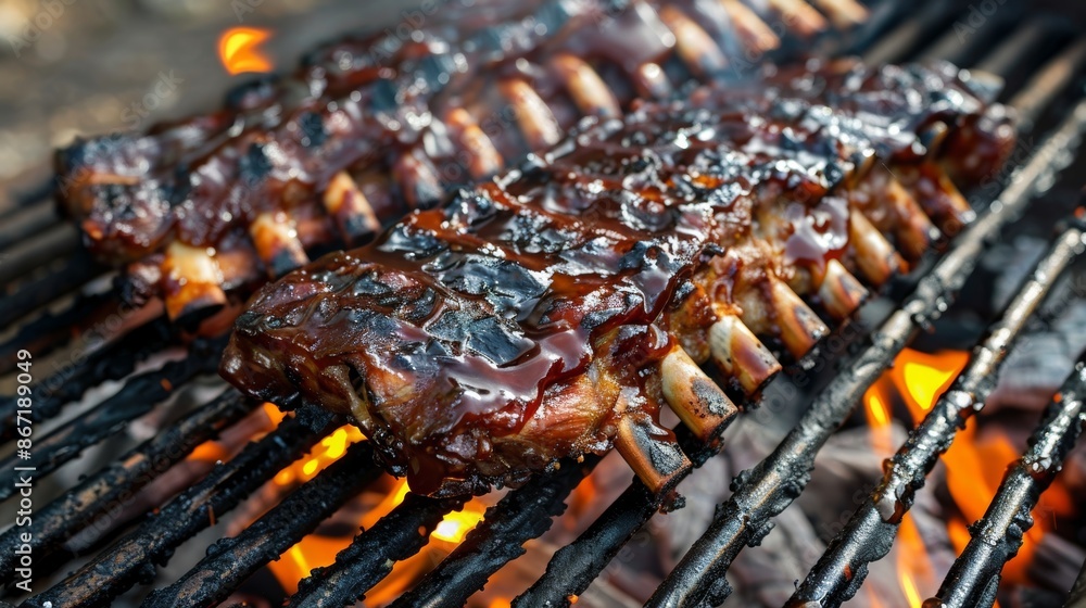 A large rack of wild boar ribs basted in a mouthwatering honey and garlic glaze and cooking slowly over a bed of hot coals. A large rack of wild boar ribs basted in a mouthwatering honey and garlic glaze and cooking slowly over a bed of hot coals.