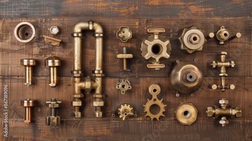 Brass Plumbing Fittings on a Wooden Background