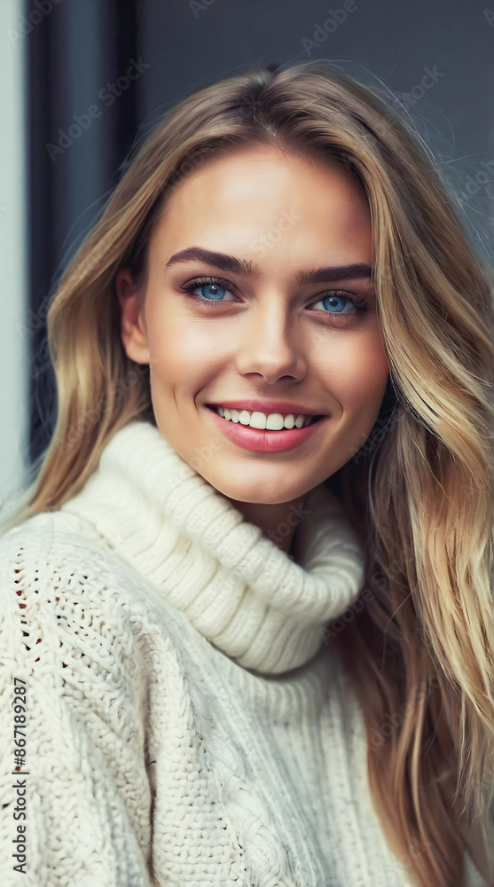 Portrait of beautiful blonde female lady, blue eyes, smiling with perfect teeth, fashion model, people background