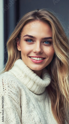 Obraz na płótnie Portrait of beautiful blonde female lady, blue eyes, smiling with perfect teeth, fashion model, people background w salonie