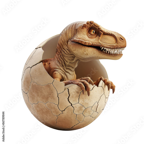 3d Baby T-Rex hatching from an egg isolated on the white background. photo