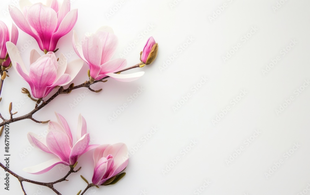 Photo of Magnolia branch with pink flowers on white background, free space for text Photo of Magnolia branch with pink flowers on white background, free space for text