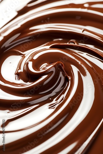 Shiny chocolate swirl close-up, white background for World Chocolate Day..