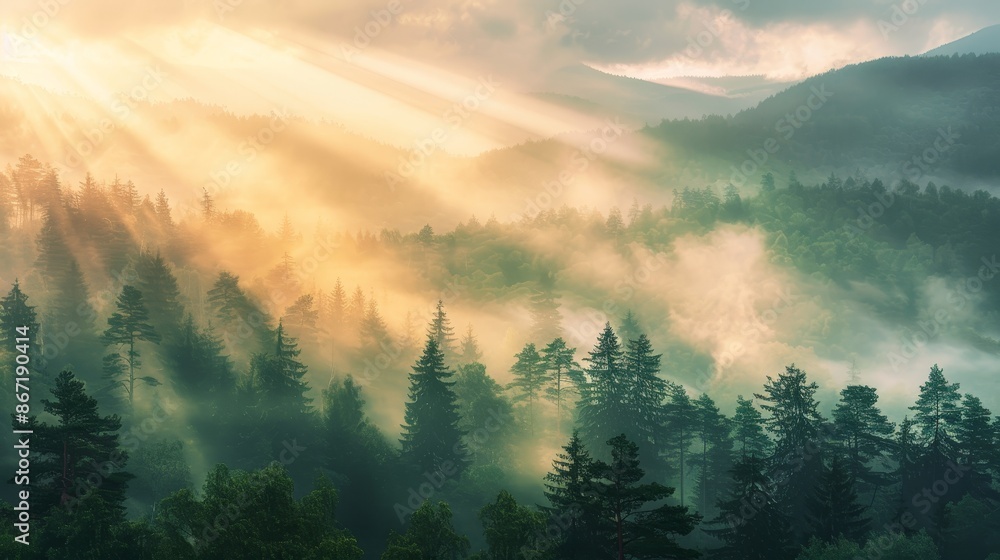 Morning sunrise illuminating a misty mountain range, rays of light breaking through fog, forest in the foreground, serene and majestic scene Morning sunrise illuminating a misty mountain range, rays of light breaking through fog, forest in the foreground, serene and majestic scene
