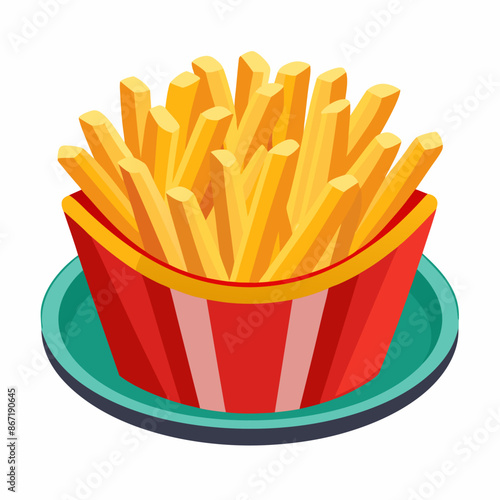 A bowl of french fries on a plate against a white backdrop