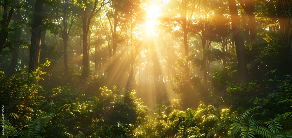 idea generation, vibrant forest scene, long shot, lush green trees with golden sunlight filtering through, detailed foliage, digital 3D rendering, high realism, stunning natural beauty idea generation, vibrant forest scene, long shot, lush green trees with golden sunlight filtering through, detailed foliage, digital 3D rendering, high realism, stunning natural beauty