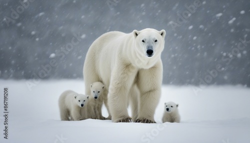 A mother polar bear and three cubs, all white with fur matching heavy snowfall, stand together on snow in the Arctic. They pose amidst beautiful yet harsh conditions for a unique photo. © Marlon