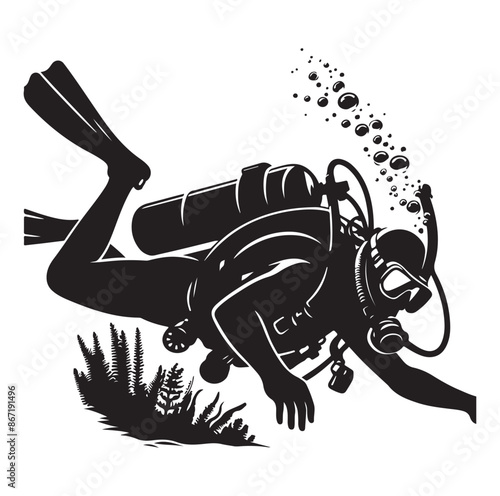 A vector Scuba diving silhouette vector isolated on white background