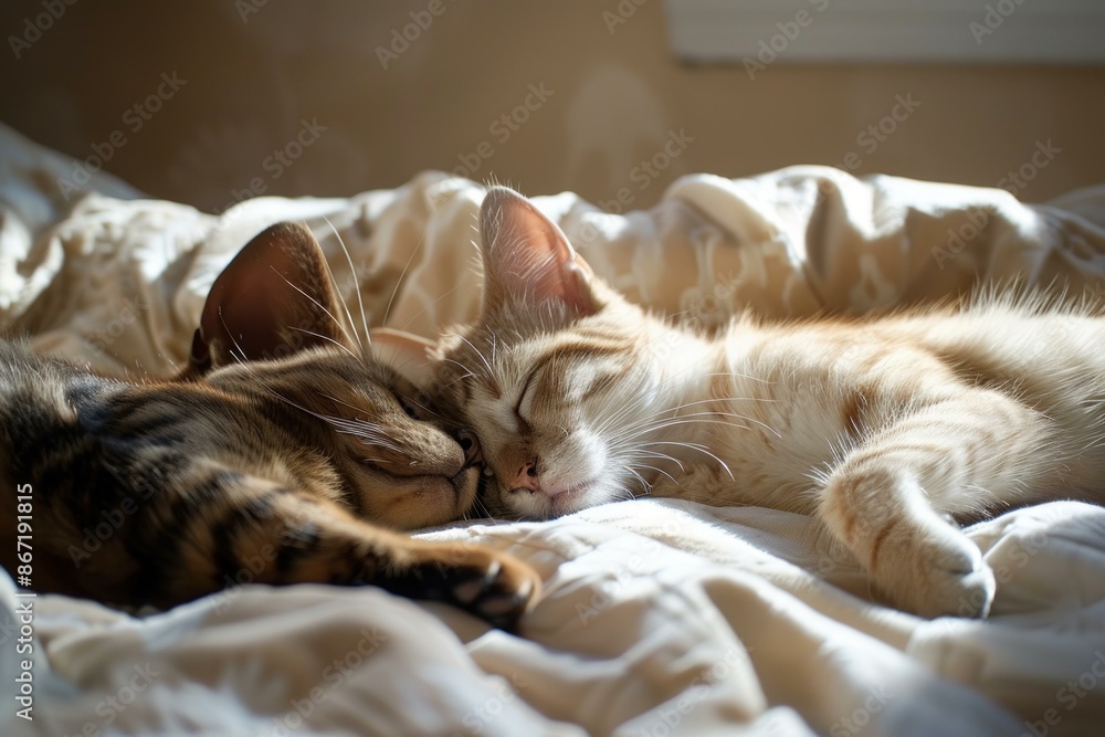 Two cats are sleeping together on a white blanket, enjoying a peaceful moment of rest Two cats are sleeping together on a white blanket, enjoying a peaceful moment of rest