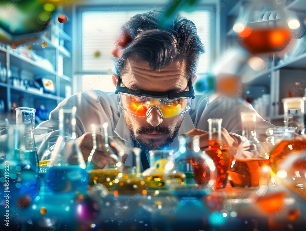Acquisitive Scientist Surrounded by Lab Equipment and Beakers Conducts Experiments and Investigations for Discovery and Innovation Acquisitive Scientist Surrounded by Lab Equipment and Beakers Conducts Experiments and Investigations for Discovery and Innovation