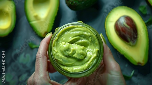 A s scooping out a creamy dollop of avocado oil from a jar showcasing its smooth and velvety texture. photo