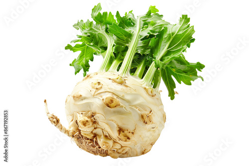 Fresh celery root with green leaves isolated on a white background.