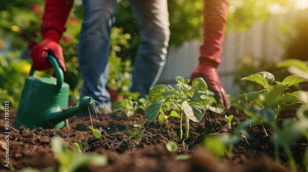 Fototapeta premium The gardener watering plants