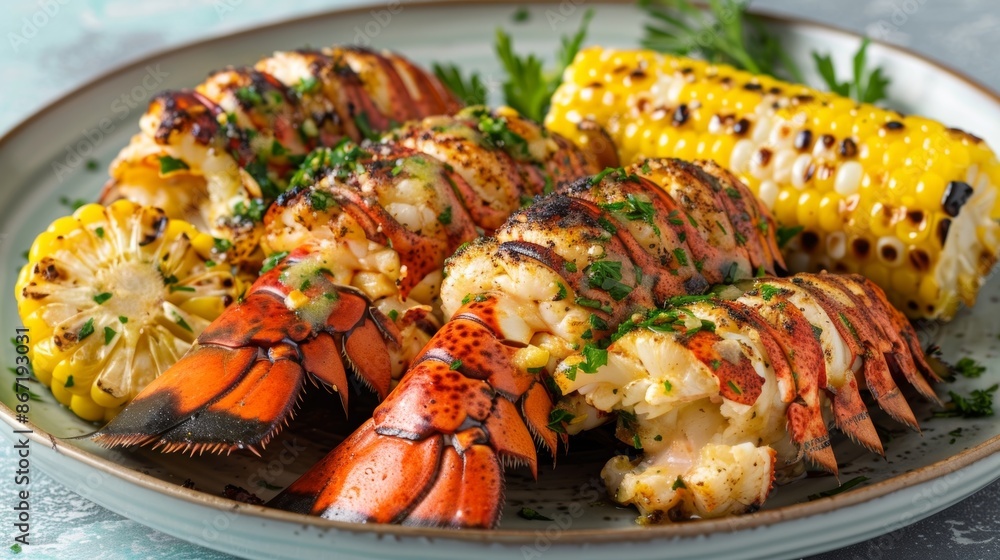 Grilled lobster tails split open and filled with a flavorful garlic herb butter served with a side of grilled corn on the cob. Grilled lobster tails split open and filled with a flavorful garlic herb butter served with a side of grilled corn on the cob.