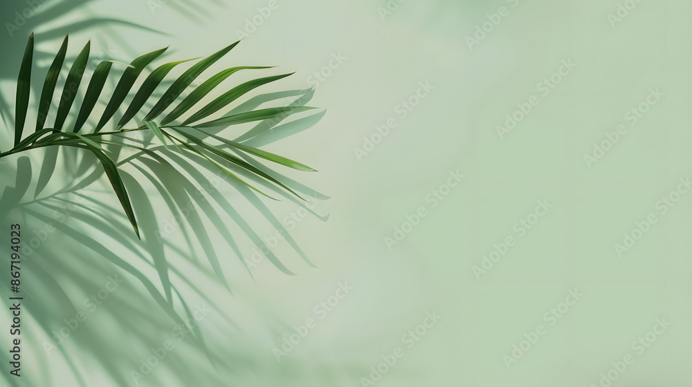 Fototapeta premium Abstract Palm Leaf Shadow Overlay on Light Green Background. Minimalist Tropical Design for Branding and Marketing. Copy space