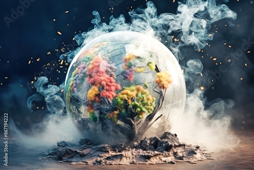 A glass globe representing Earth is encased in smoke, symbolizing the environmental crisis facing our planet photo